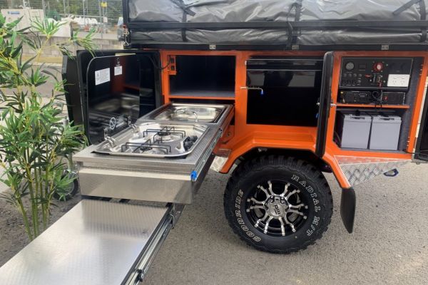 Slide Out Kitchen including Dometic Stove Battery Control System on Jawa Off Road Camper Trailer.