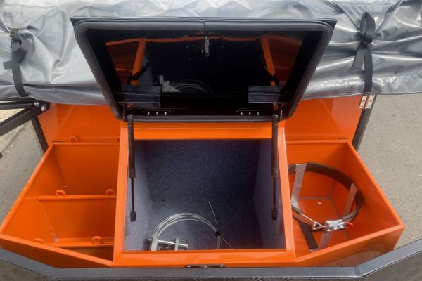 Jerry can and gas holder at the front toolbox of Jawa Off Road Camper Trailer.