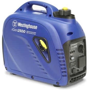 Westinghouse iGen2500 Generator for Jawa Off Road Camper Trailer available in Sunshine Coast Queensland. Coloured blue with a handle on top to easily carry the lightweight generator. Control dials and lights on front.