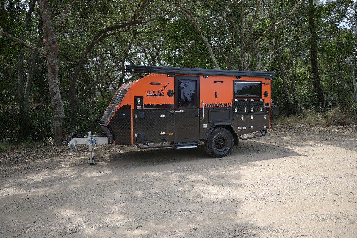 Jawa Lowdown 13 Cupboard parked in bush reserve. Low roof for easy off road towing and perfect size for couples with lots of storage. For sale in Sunshine Coast Queensland at Jawa Camper Trailers