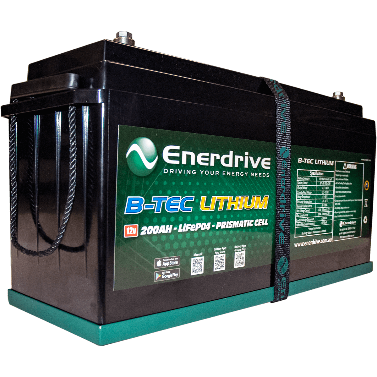 Enerdrive B-TEC LiFeP04 12v 200Ah Lithium Battery for off road caravan. Available in a variety of voltages and capacities at Jawa Camper Trailers Sunshine Coast Queensland to suit any caravan. Front view showing label.