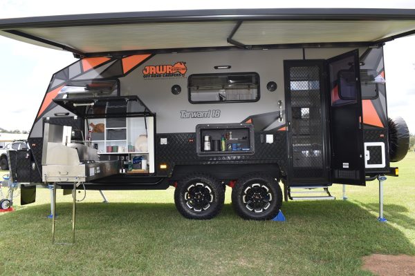 Jawa Camper Trailers Tarwarri 18 hard top caravan. Large family caravan set up in reserve with external cooker and awning. Purchase in Sunshine Coast Queensland.