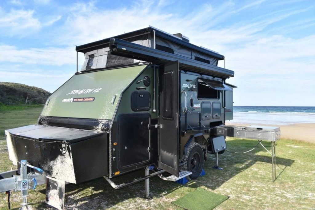 JAWA Camper parked on beachfront at the Sunshine Coast