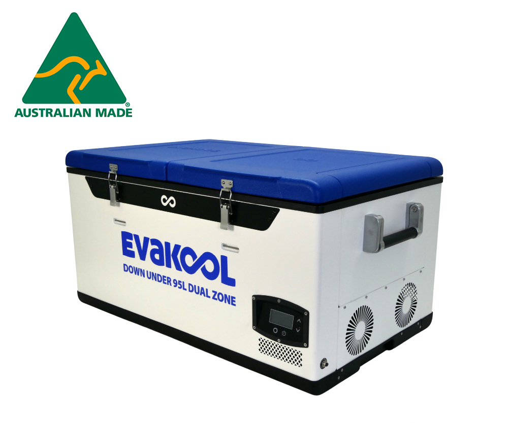 Down Under II 95L Dual Zone Fridge Freezer by Evakool. Australian Made Slide fridge for caravan, compatible with camper trailers at Jawa Off Road Campers Sunshine Coast Queensland. Shows white fridge with handles and control panel.